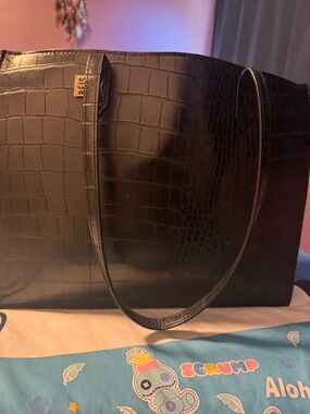 BEIS Black Faux-Croc Tote